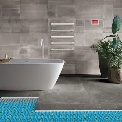 Towel bar scene and dual control thermostat with membrane electric underfloor heating