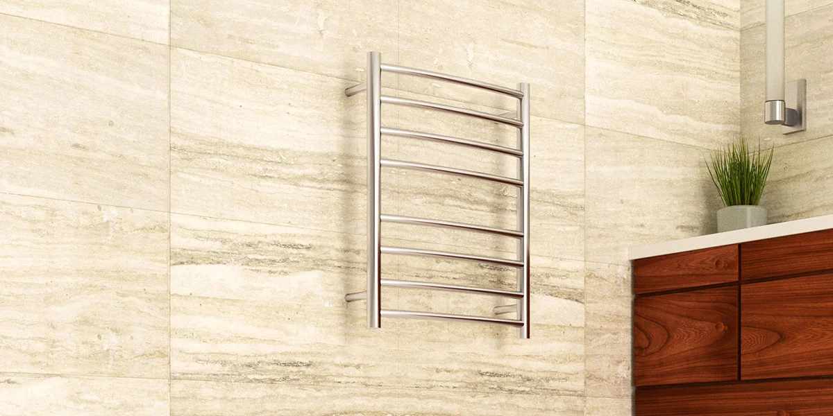 ThermoShere electric heated towel rails in a tiled bathroom